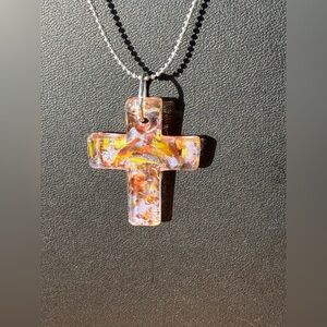 Glass Cross Pendant Necklace 18”